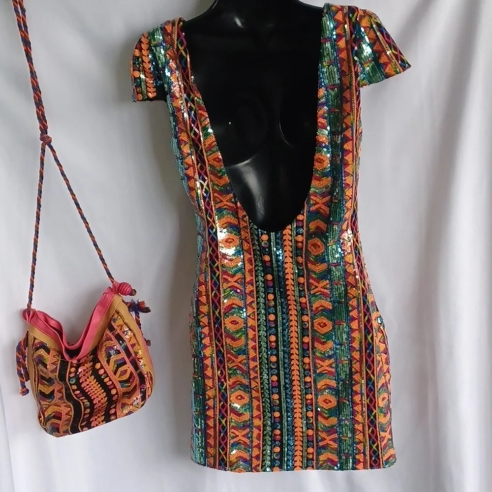 Mittoshop Multicolored sequin mini dress with open back & Matching Bag, Sz S